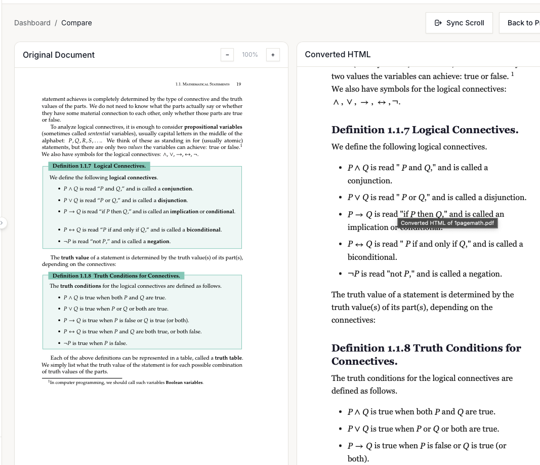 The Compare view: the original PDF rendered on the left and the converted accessible HTML on the right.