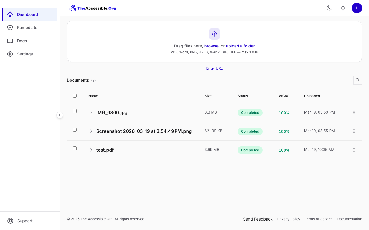 The dashboard with a drag-and-drop upload area that accepts PDF, Word, and image files, above a list of converted documents showing each file's size, status, and WCAG score.