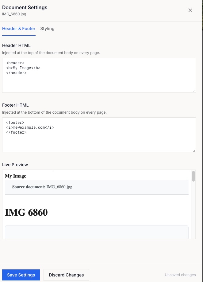 The Document Settings dialog on the Header & Footer tab, with Header HTML and Footer HTML fields and a live preview of the result.