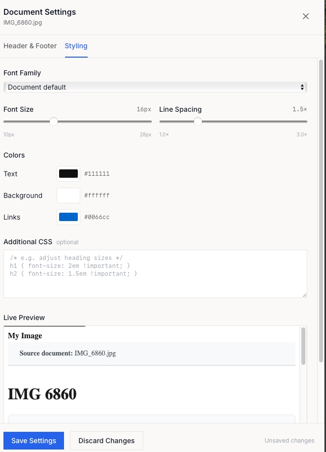 The Document Settings dialog on the Styling tab, with controls for font family, font size, line spacing, text/background/link colors, and additional CSS, above a live preview.